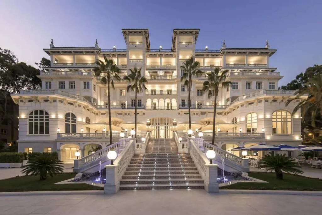 main entrance to the gran hotel miramar in Malaga in July