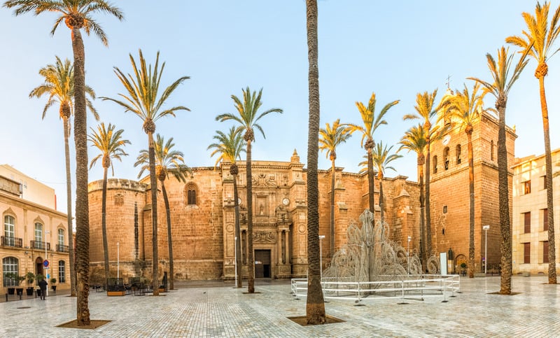 View on Almeria cathedral from Plaza de la Catedral in Almeria, Andalusia, Spain