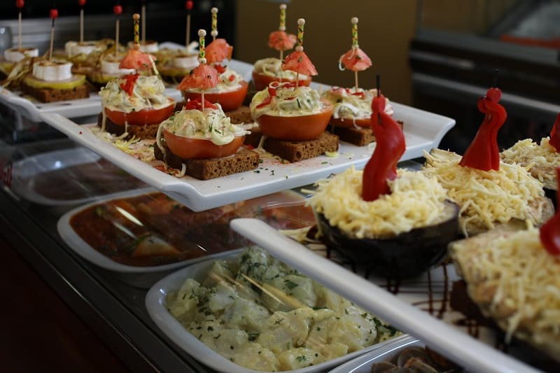 closeup of a tapas display on bar counters