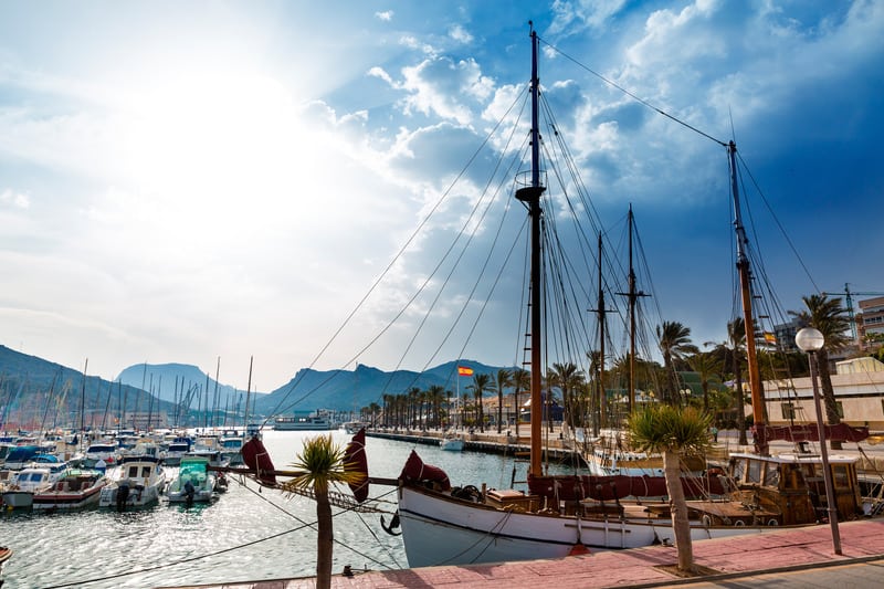 Port Marina with boats docked in Murcia, Spain on a sunny day