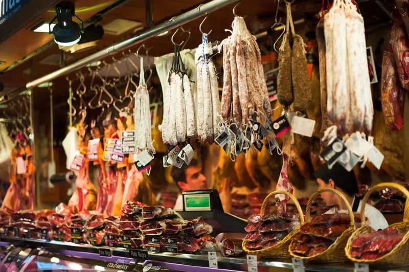 meats and other things that can be found a market in Seville in June