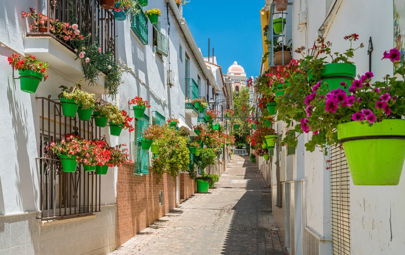 an empty street in Estepona lined with houses with flower pots decorated on the wall