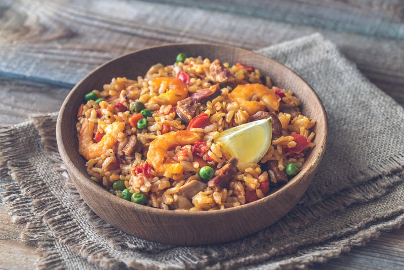 Bowl of chicken and chorizo paella close-up