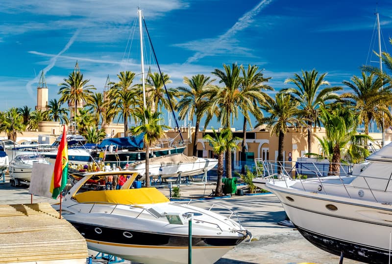 Moored boats in the Fuengirola seaport. Malaga Province, Andalusia. Things To Do In Fuengirola In June