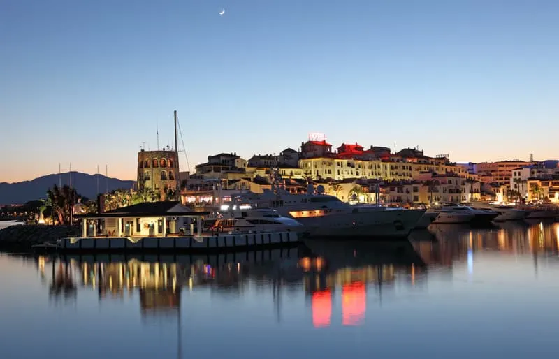 Puerto Banus at dusk, the marina of Marbella, Costa del Sol, Andalusia, Spain