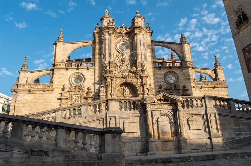 Jerez de la frontera Cathedral with towers and arches and 3 circular windows