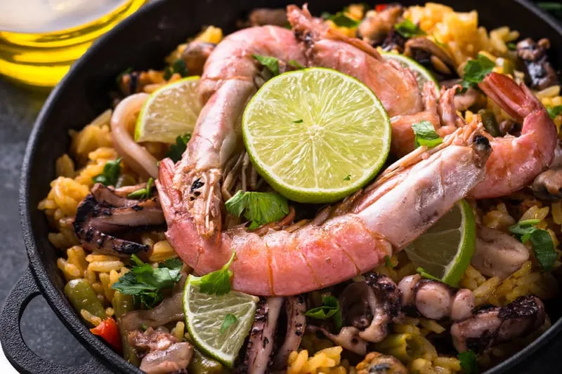 Delicious traditional paella, in the restaurants of Cordoba, Spain
