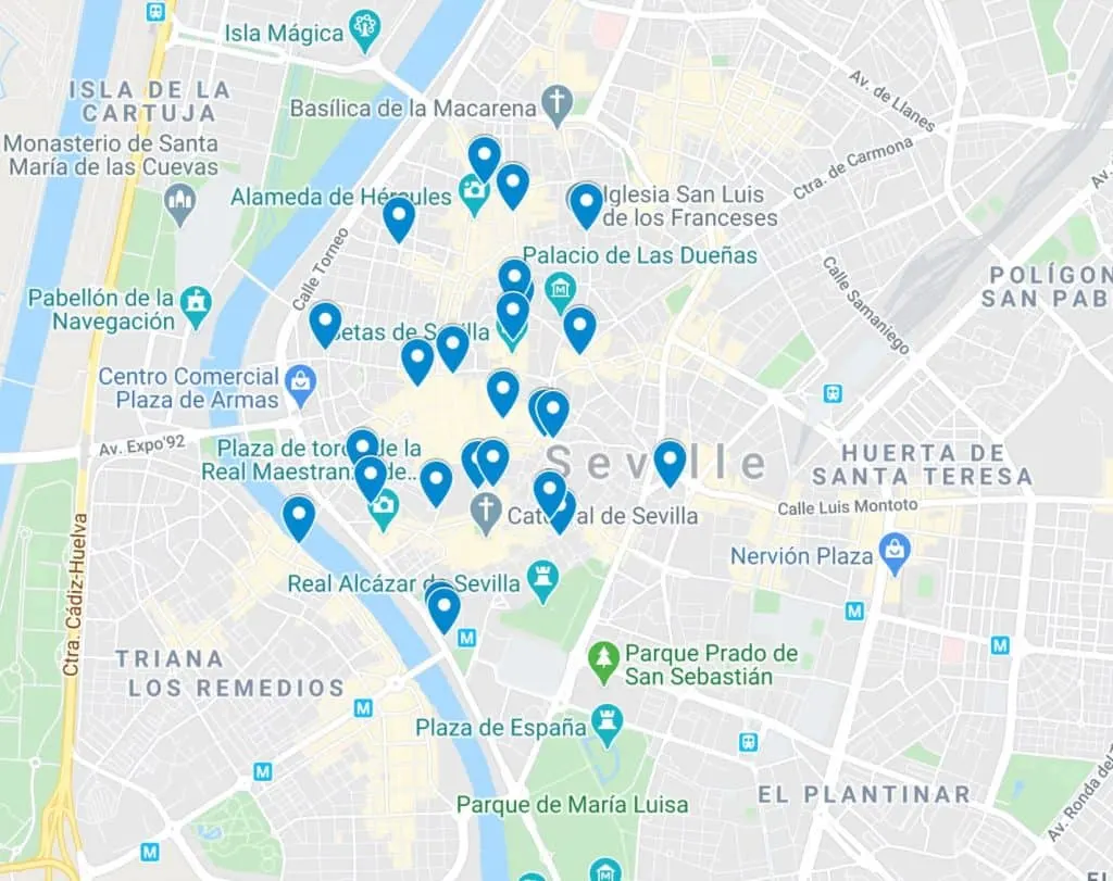 a map pinning the best restaurants in Seville