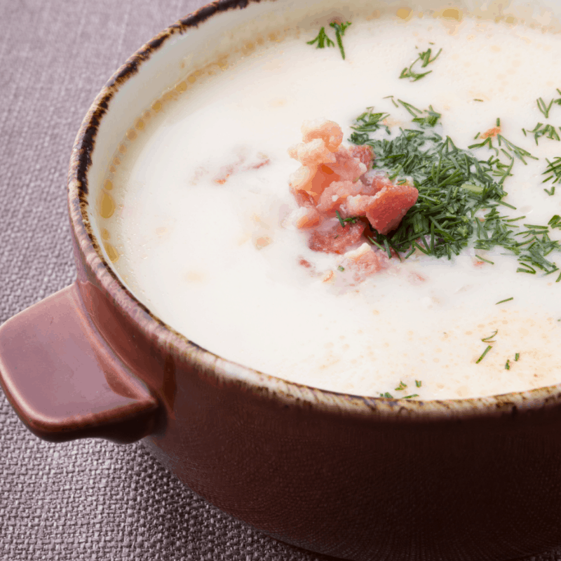 cold cauliflower soup, white soup from spain in a clay bowl