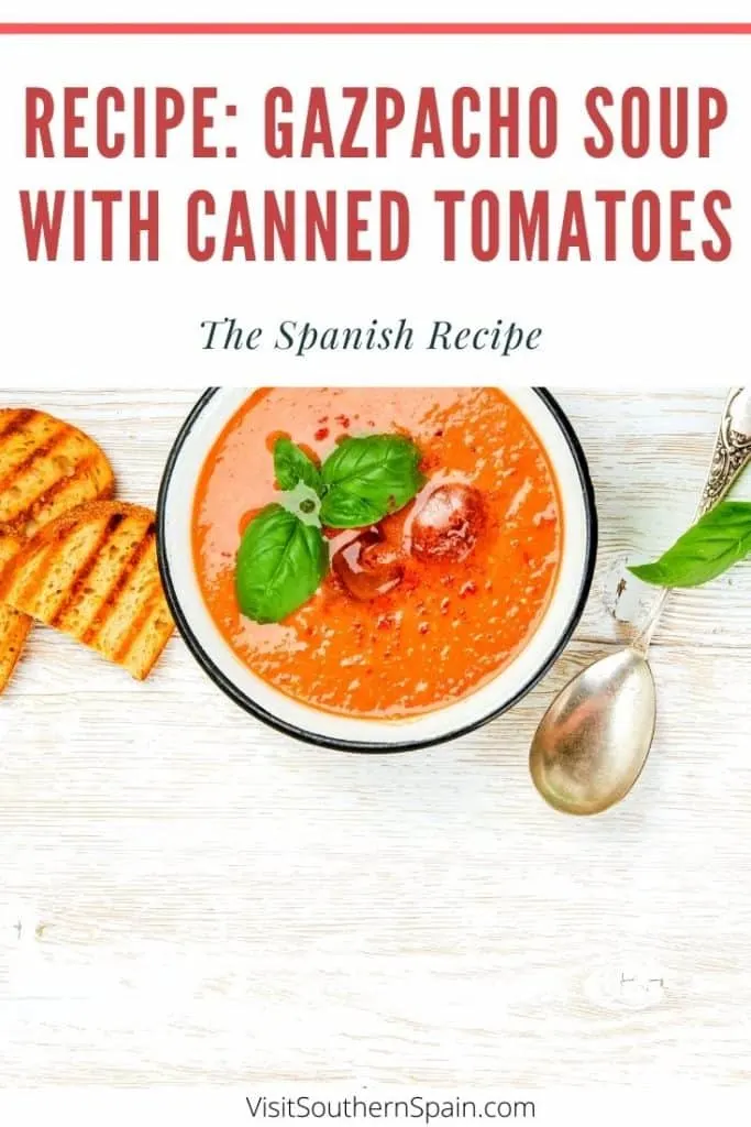 Looking for an easy Gazpacho recipe but you don't have fresh tomatoes at hand? With this super easy Spanish recipe you can do the typical Spanish cold Gazpacho soup in less than 5 minutes - without fresh tomatoes. Also known as gazpacho andaluz, this is probably one of the most famous dishes from Southern Spain. On top, this is a great vegetarian Spanish food and the Gazpacho soup recipe can be done as a snack or starter. #gazpachosoup #spanishsoup #gazpachosoup #cannedtomatoes #vegetarianfood