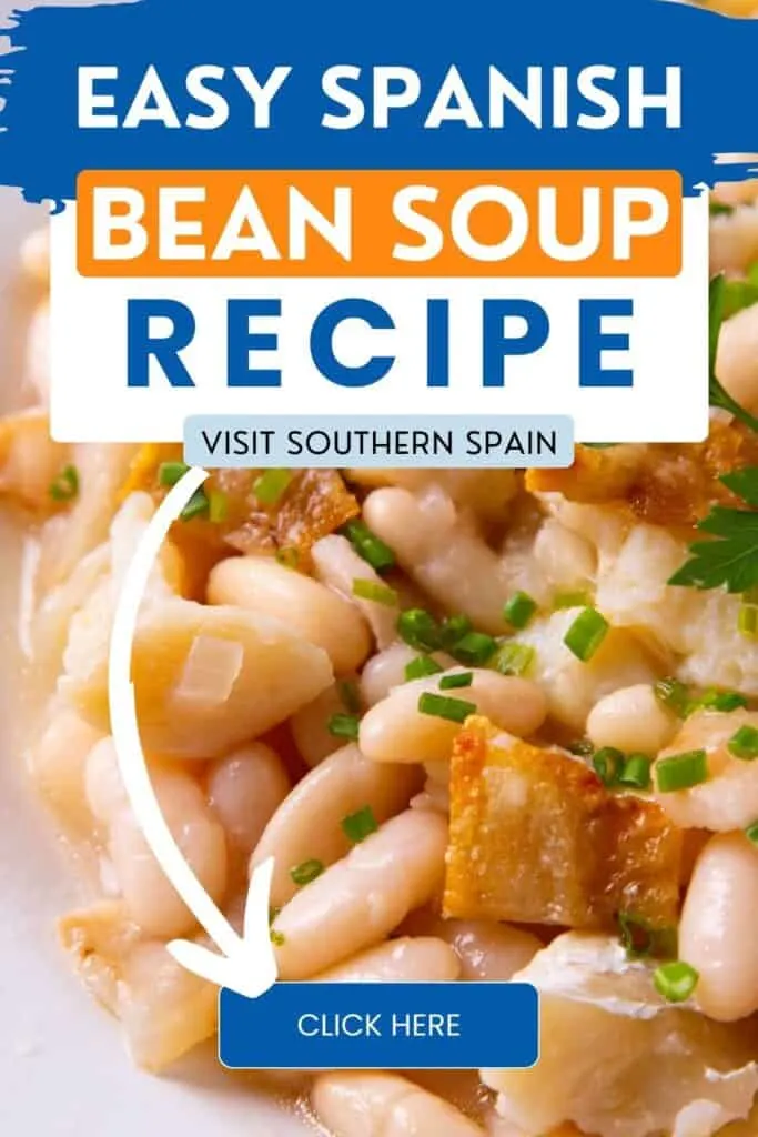 A close up photo of a white bean stew can be seen with some bacon tidbits and onion leaves.