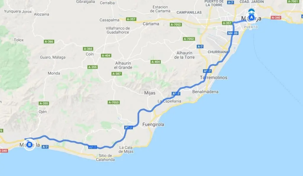 from malaga to marbella map