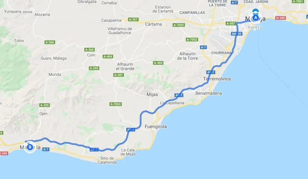 a google map with blue lines from malaga to marbella