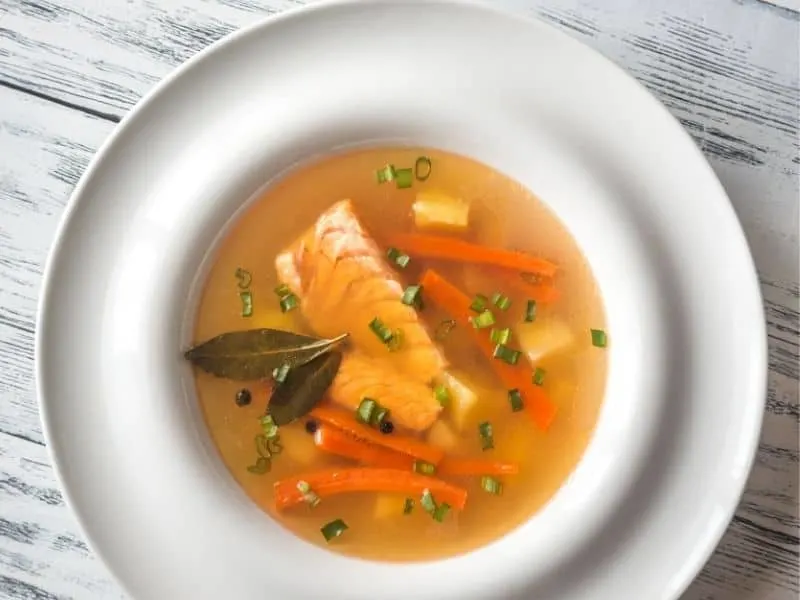 spanish mackerel soup recipe in a white bowl