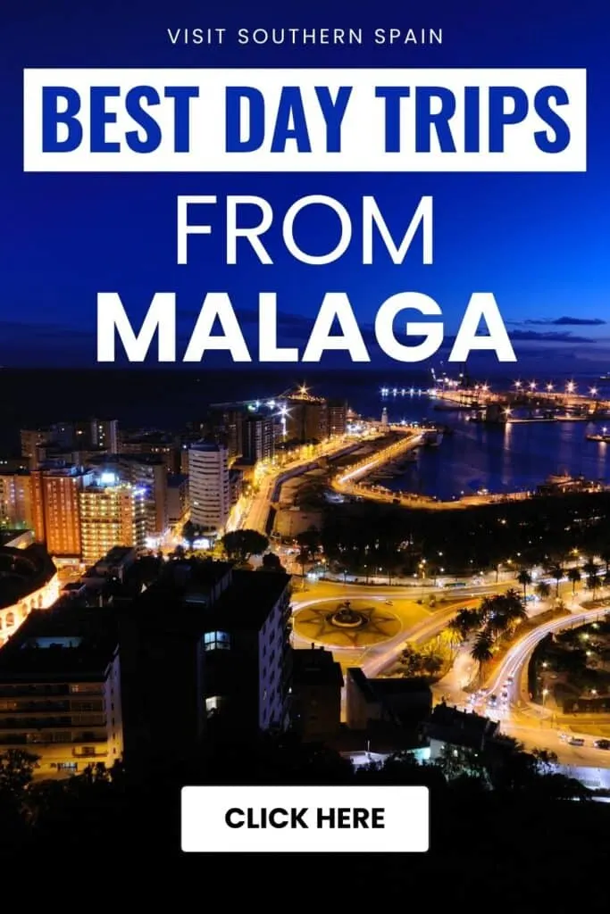 A top and aerial view of Malaga. It is taken during the evening. The lights are lit and shadows of tall buildings and the body of water can be seen.
