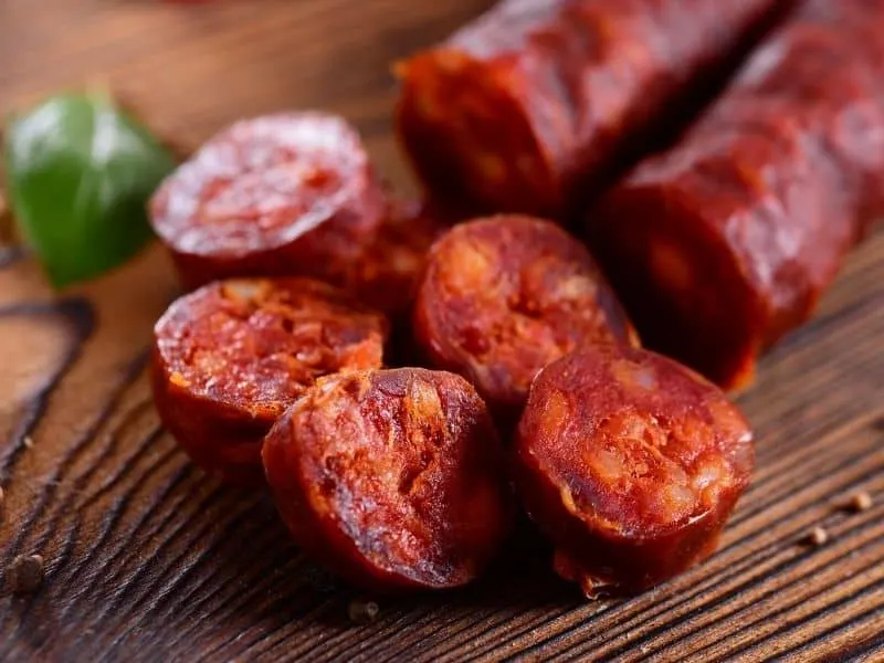 closeup with chorizo sausage from spain for the chickpea and chorizo salad