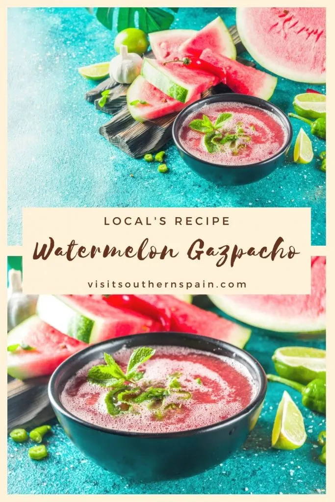 Are you looking for a Watermelon Gazpacho Recipe? This Spanish gazpacho recipe is the perfect cold Spanish soup that you have to try during hot summer days. It's a combination of sweet and savory that will satisfy you and every member of your family. The watermelon gives this summer gazpacho a unique taste that will leave you craving for more. This easy gazpacho recipe is flavorful and refreshing and a very popular Spanish dish. #spanishgazpacho #gazpacho #watermelongazpacho #summersoups