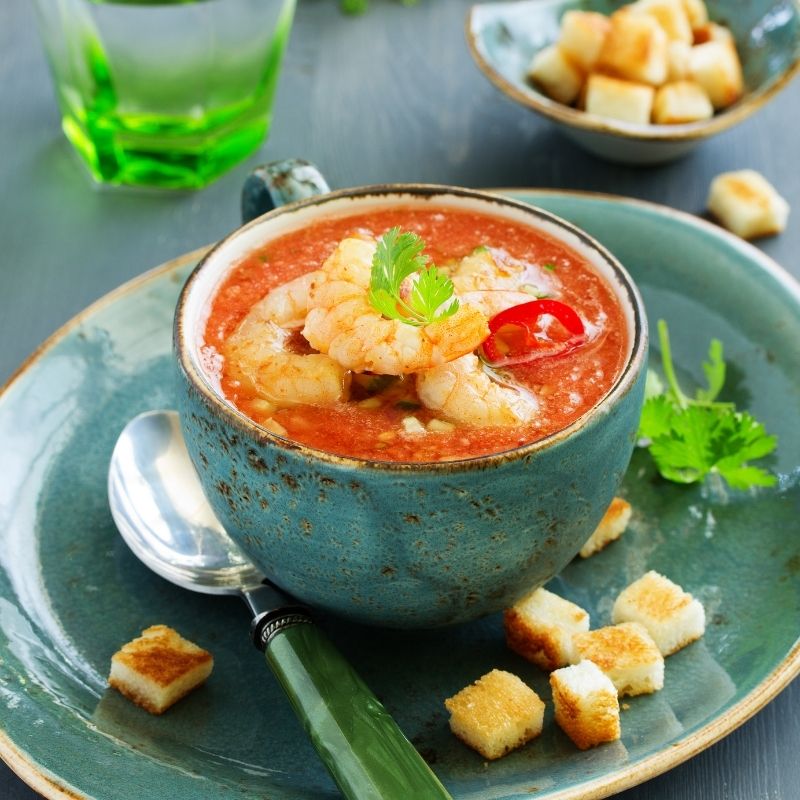 seafood Gazpacho in w blue bowl 