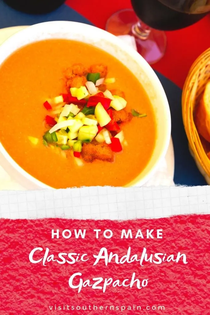 Are you looking for a Classic Andalusian Gazpacho Recipe? Our gazpacho Andaluz is an easy gazpacho recipe that could make you feel like you're in Spain. This traditional gazpacho recipe is one of the most famous cold soup recipes. The fresh taste of tomato and the spice of garlic make this Andalusian gazpacho the star of the summer. If you never tried Andalusian food before, it's the perfect time to try this chilled soup! #andalusiangazpacho #traditionalgazpacho #coldspanishsoup #gazpachoandaluz