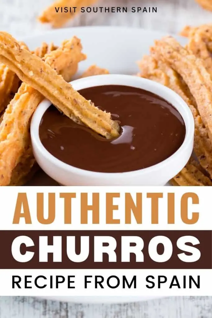 A plate of churros is seen, 1 churro is dipped in the melted chocolate sauce in a bowl.