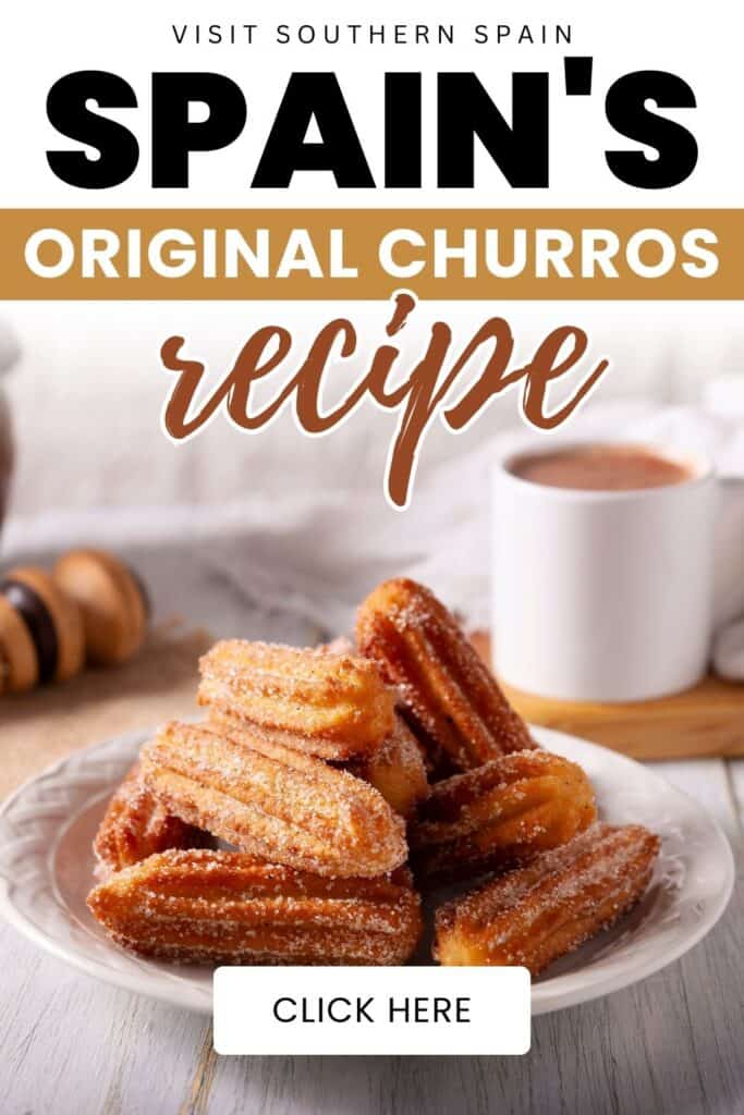 Short churros are on a whit plate. A mug of chocolate is at the back.