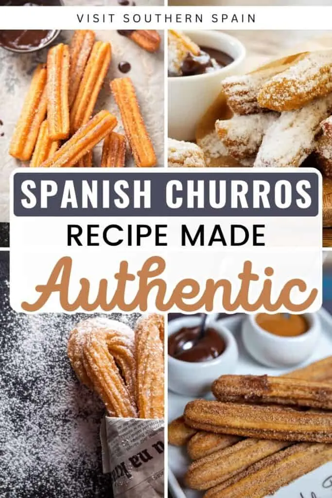 Four photos are in a collage. They are all churros. Top left doesn't have powdered sugar. Top right has powdered sugar and chocolate sauce on the side. Bottom left is a group of churros in a newspaper like wrapper with powdered sugar. Bottom right is a photo of a group of churros without the sugar and there are two kinds of sauce.