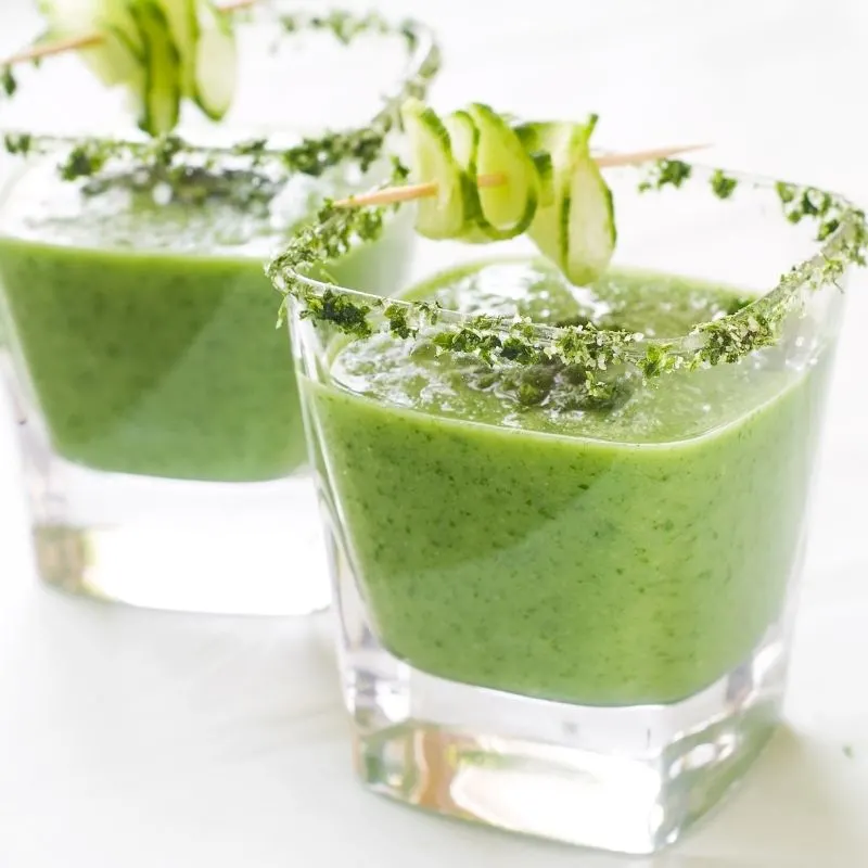 green tomato gazpacho in 2 small glasses