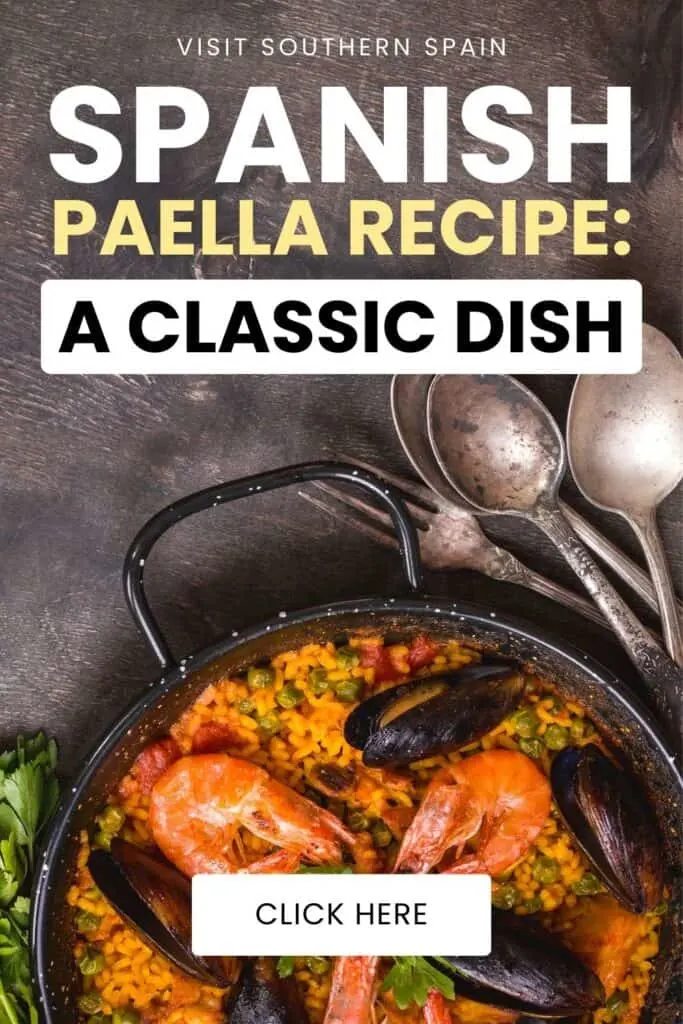 A black pot which is at the bottom part of the photo is seen. There are spoons and a fork on top of it on the table. In the pot is paella which is seafood. There are mussels and shrimps on top of it.