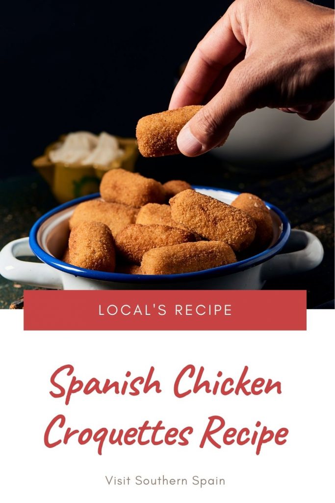 Are you looking for a Spanish Chicken Croquettes Recipe? These chicken croquettes have a soft filling, a crispy crust, and they simply melt in your mouth. The Spanish croquettes can be found at every restaurant and bar in Spain under the famous name of Spanish tapas or Spanish appetizers. The Spanish chicken croquettes recipe is made out of chicken and Béchamel sauce, fried until they are golden and crisp. Super tasty and savoy! #chickencroquettes #croquettes #spanishtapas #spanishcroquettes