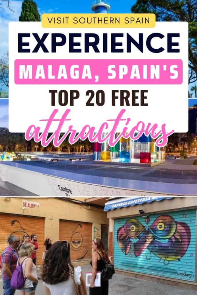 A collage of different spots in Malaga. A museum, a spot in a street with arts. A group of people seems to be touring.