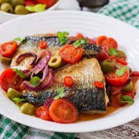 roasted mackerel recipe served with tomatoes and sauce