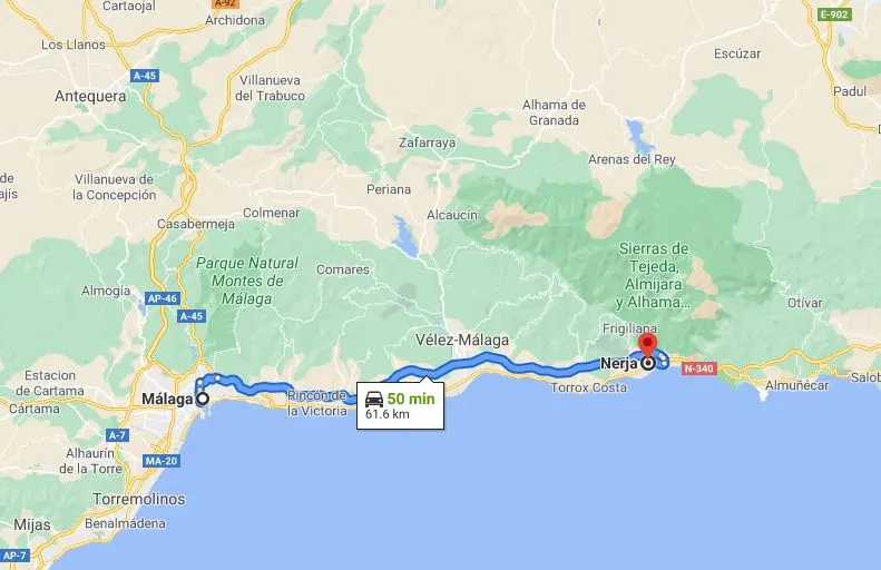 a map indicating a way from Malaga to Nerja