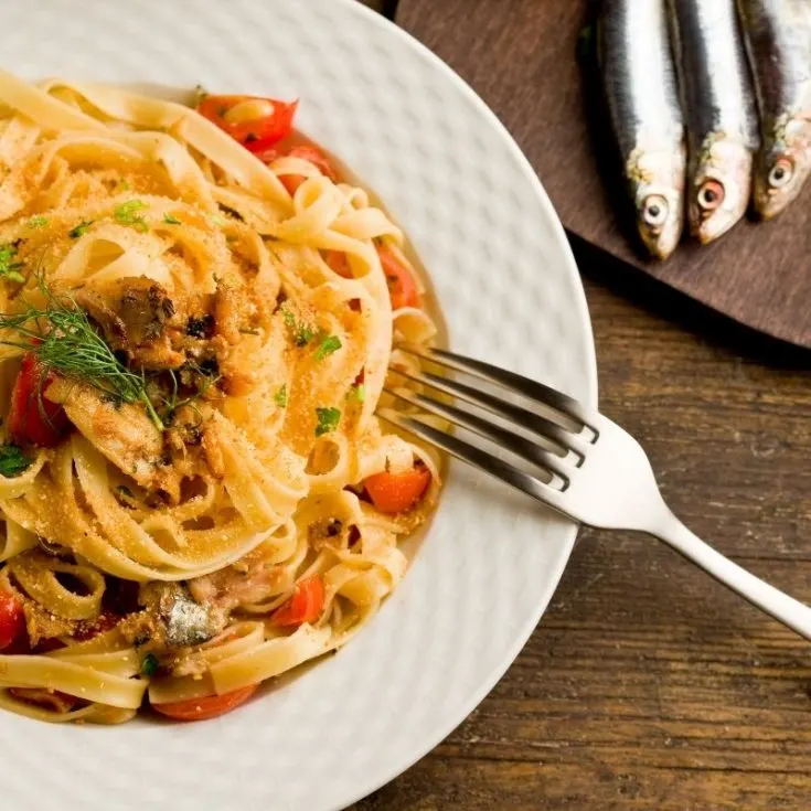 mackerel pasta recipe on a plate that can be substituted with sardines
