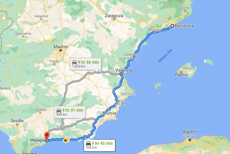 Map Barcelona to Malaga