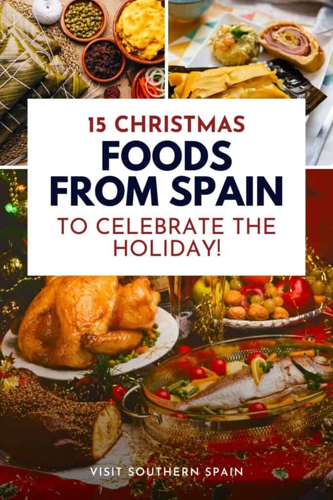 The photo at the bottom is a table with a feast for Christmas.It has a whole cooked chicken. A baked fish, fruits and Christmas decors. Top photos are spanish food that are arranged on a table.