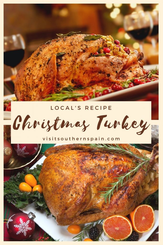 Are you interested in trying the Christmas Turkey recipe from Spain? The Pavo Navideño is a stuffed turkey, prepared in Andalusian style. This Spanish turkey recipe is the perfect Christmas turkey dinner idea and it's also easy to prepare. Pavo Navideño is a traditional Christmas food in Spain and is served on Christmas Eve together with other Spanish specialties. A savory and finger-licking Christmas turkey that you must try! #christmasturkey #pavonavideño #christmasdinnerrecipe #stuffedturkey
