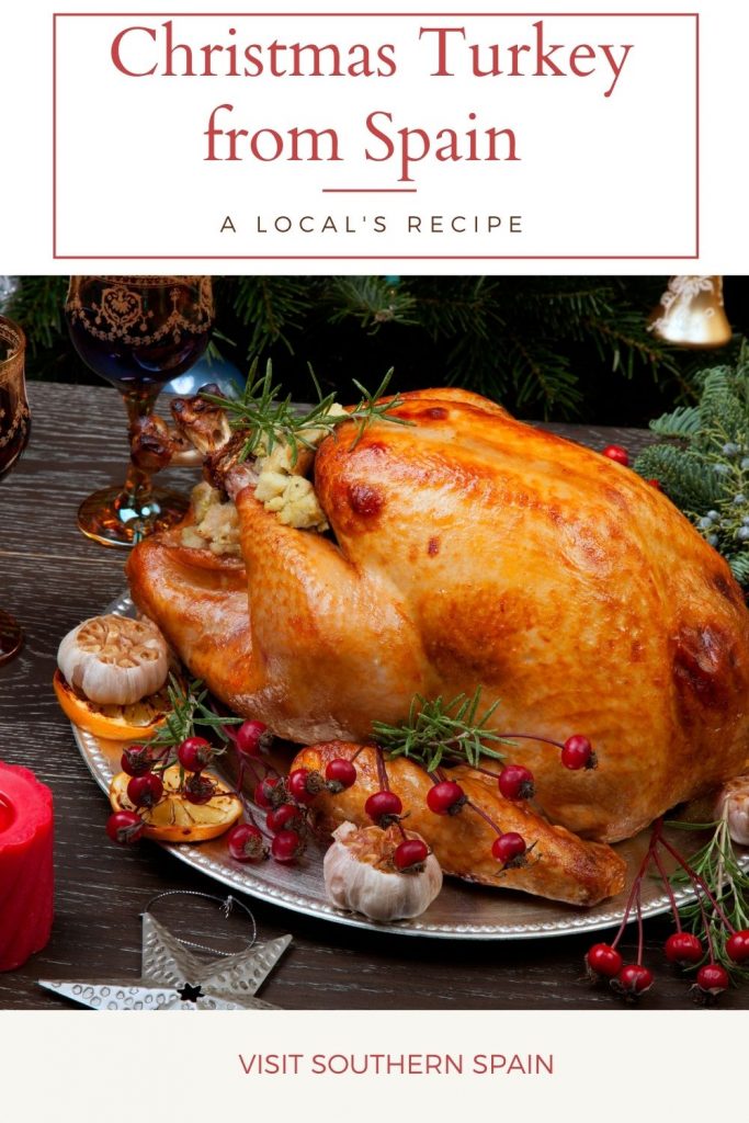 Are you interested in trying the Christmas Turkey recipe from Spain? The Pavo Navideño is a stuffed turkey, prepared in Andalusian style. This Spanish turkey recipe is the perfect Christmas turkey dinner idea and it's also easy to prepare. Pavo Navideño is a traditional Christmas food in Spain and is served on Christmas Eve together with other Spanish specialties. A savory and finger-licking Christmas turkey that you must try! #christmasturkey #pavonavideño #christmasdinnerrecipe #stuffedturkey