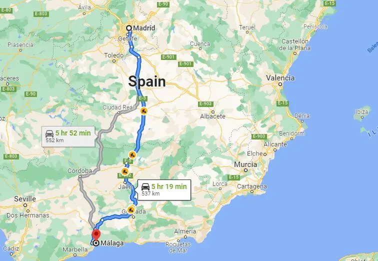 Distance from Madrid to Malaga