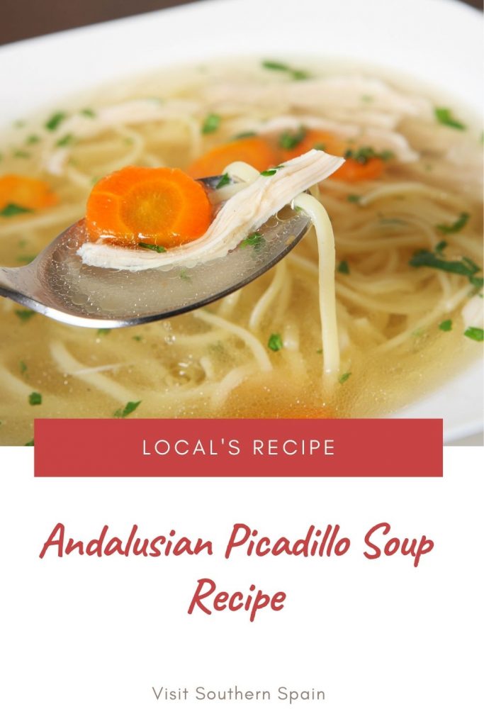 Are you looking for an Andalusian Picadillo Soup Recipe? This Spanish soup is beloved by Andalusians and it's prepared especially during Christmas. Sopa de picadillo as it's known in Spain is a simple chicken soup with noodles that is complemented by the Spanish serrano ham. The picadillo soup recipe is all you need during cold winter days and if you want a Christmas soup, it's a great choice. Try this delicious & warming picadillo soup now! #picadillosoup #souprecipe #andalusiansoup #picadillo