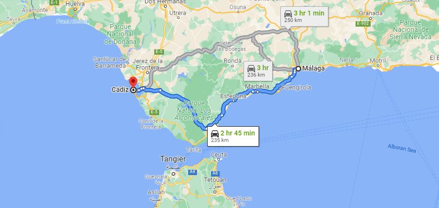 Distance from Malaga to Cadiz