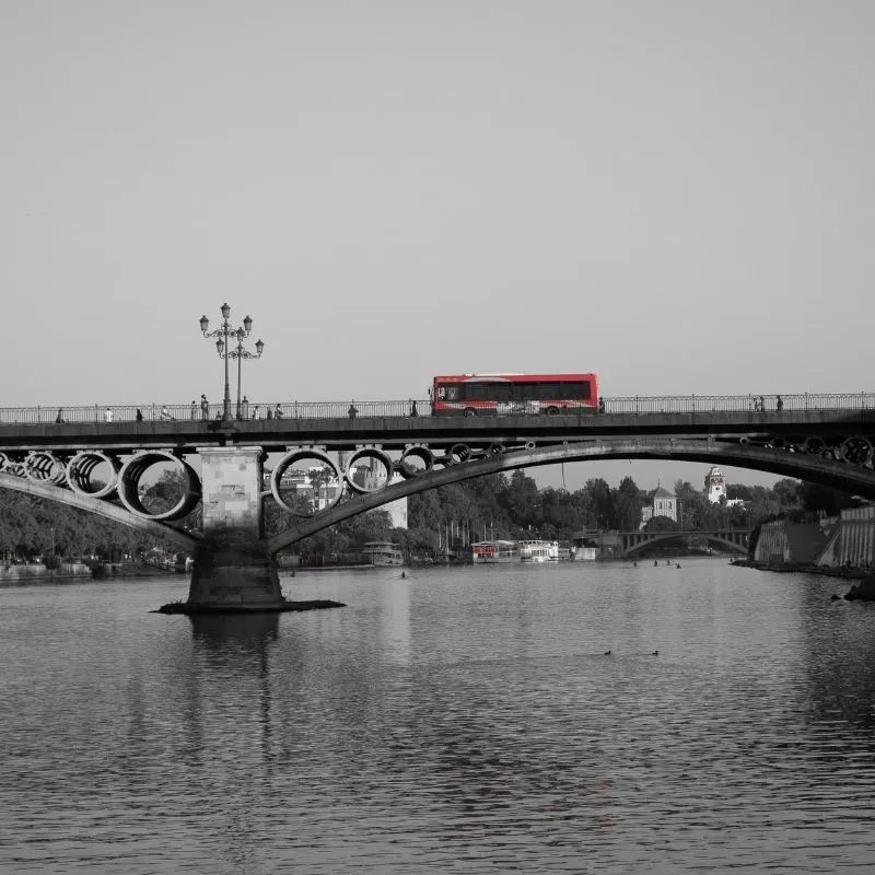 a bus passing a bridge