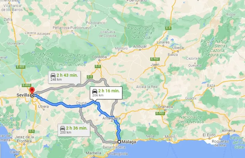 Distance from Malaga to Seville