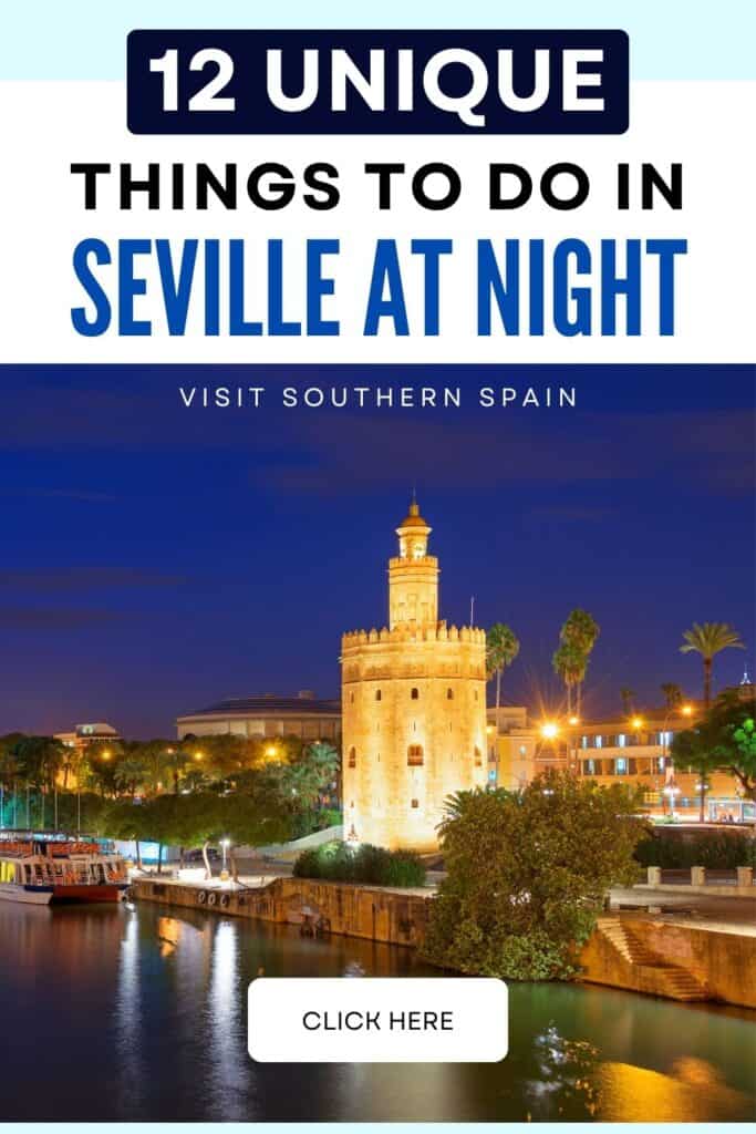 A wide view of Seville at night. It is brightly lit and busy.