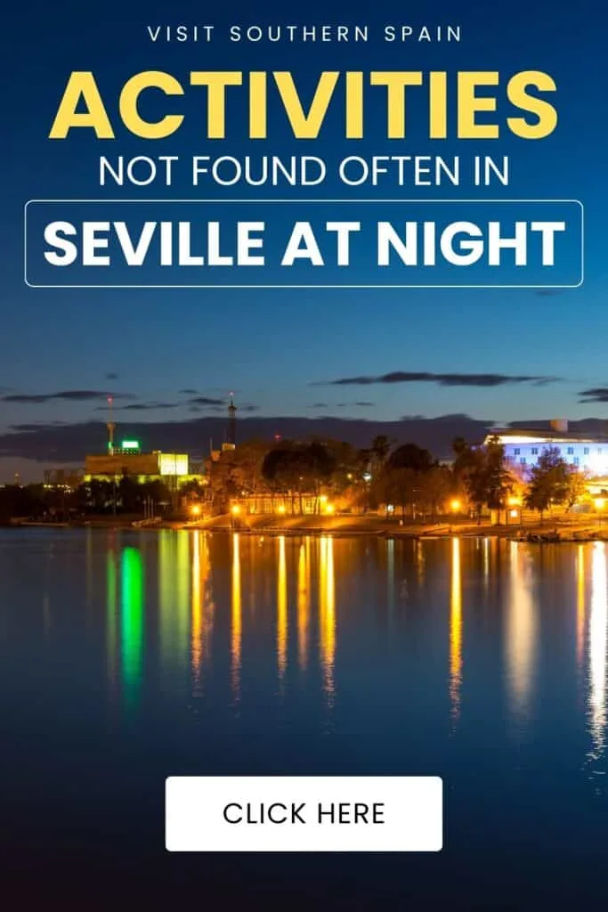 A night view of the lake in Seville.There are some trees and lights near the lake.
