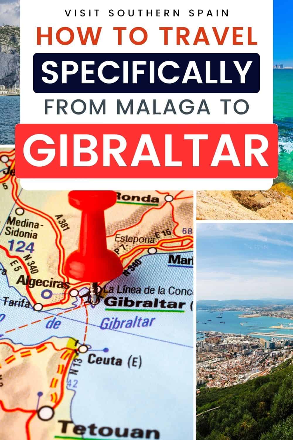 Left photo is a map with a red pin in the are of Gibraltar. Top photo is a photo of the beach and it has rocky shore. Bottom right photo is a wide view of the a city near the beach.