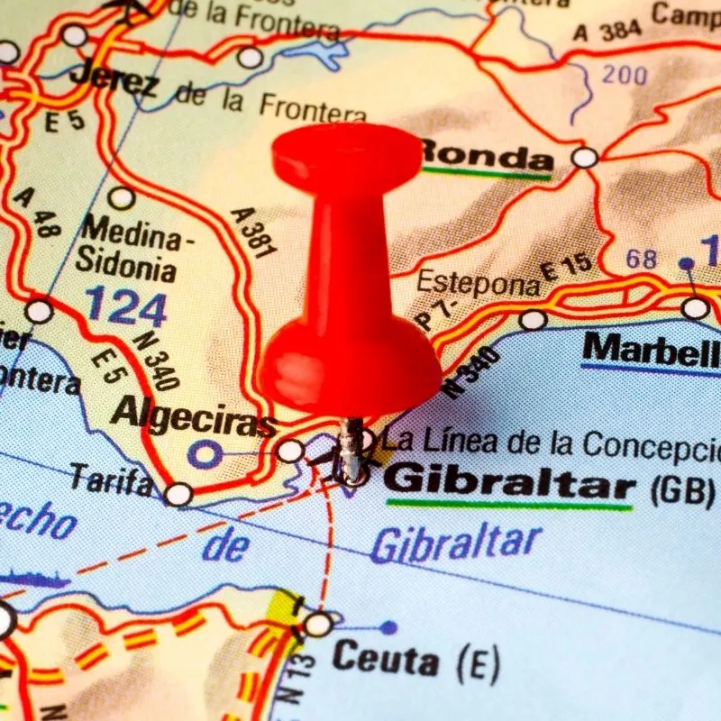 a map with a pin point on Gibraltar