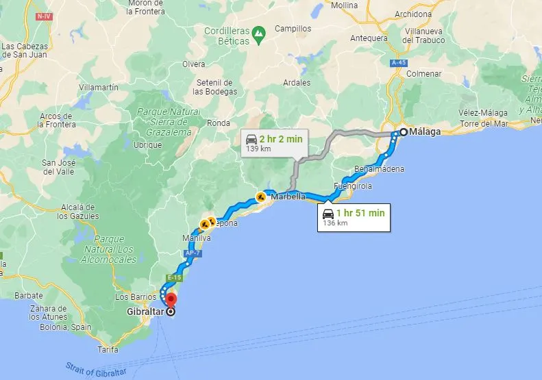 a malaga to gibraltar map from google screenshot