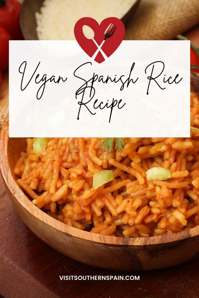 Are you looking for a quick vegan Spanish rice recipe? This healthy Spanish is a dish you should try this season. The vegan rice is super easy to make and you don't need a lot of ingredients to make it. Make this Spanish vegan rice for whenever you want a dish without meat or simply want some fresh and savory rice with tomatoes. You'll be surprised how flavourful this Spanish red rice is and you'll see why Andalusians love it so much! #veganspanishrice #veganrice #riceandtomatoes #redrice #rice