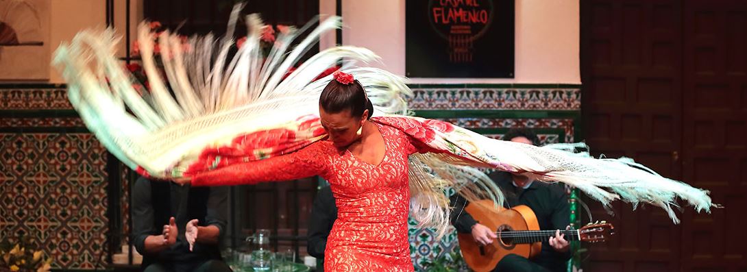 Casa de Flamenco, a woman in red dancing with a white scarf, Day Tours from Granada