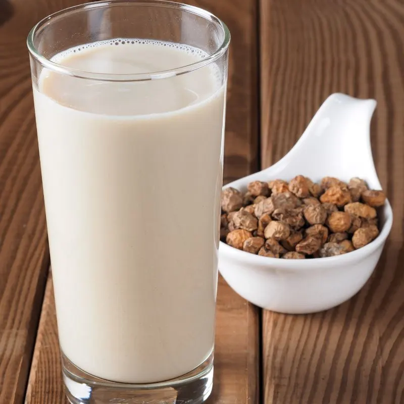 horchata in a tall glass with tiger nuts next to it on a wooden table.